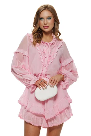 Compleu dama roz elegant camasa si fusta cu volane si dantela