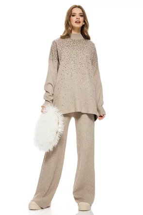 Compleu dama tricotat bej premium cu casmir pulover paiete fine si pantalon larg