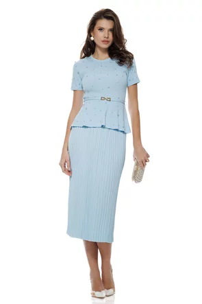 Compleu dama tricotat premium bleu bluza cu perle curea si fusta plisata midi