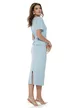 Compleu dama tricotat premium bleu bluza petrecuta cu nasturi curea si fusta conica midi