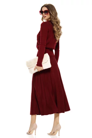 Compleu dama tricotat premium bordo cu fusta midi plisata si pulover cu buline structurate