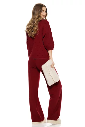 Compleu dama tricotat premium bordo cu pantalon si pulover cu buline structurate