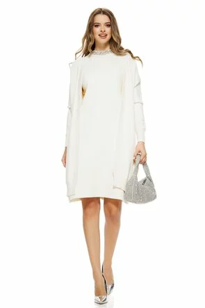 Compleu dama tricotat premium crem rochie cu cristale si cardigan