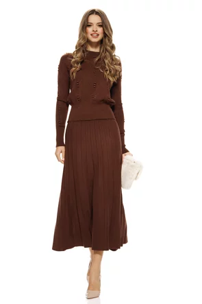 Compleu dama tricotat premium maro cu fusta midi plisata si pulover cu buline structurate