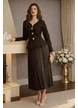 Compleu dama tricotat premium maro jacheta cu peplum si capse bijuterie rochie plisata