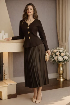 Compleu dama tricotat premium maro jacheta cu peplum si capse bijuterie rochie plisata