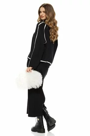 Compleu dama tricotat premium negru cu fusta midi si pulover cu  dungi albe