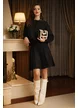 Compleu dama tricotat premium negru cu fusta mini plisata si pulover cu guler de paiete