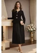 Compleu dama tricotat premium negru jacheta cu peplum si capse bijuterie rochie plisata