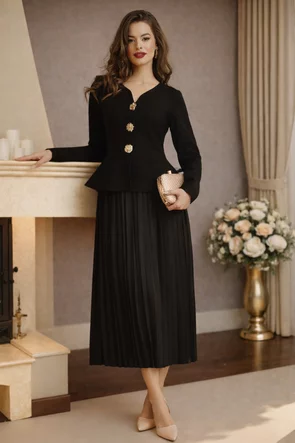 Compleu dama tricotat premium negru jacheta cu peplum si capse bijuterie rochie plisata