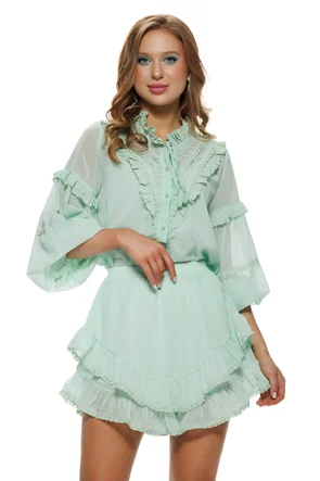 Compleu dama verde menta elegant camasa si fusta cu volane si dantela