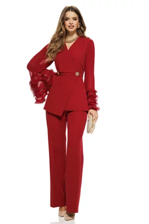 Compleu elegant spectaculos bordo cu pantalon drept si sacou cu maneci diafane cu volane nasturi maxi aurii