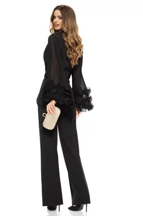 Compleu negru elegant spectaculos cu pantalon drept si sacou cu maneci diafane cu volane nasturi maxi aurii