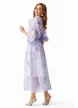 Compleu spectaculos din organza liliachiu fusta midi si bluza cu nasturi cristal