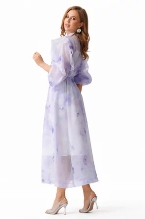 Compleu spectaculos din organza liliachiu fusta midi si bluza cu nasturi cristal