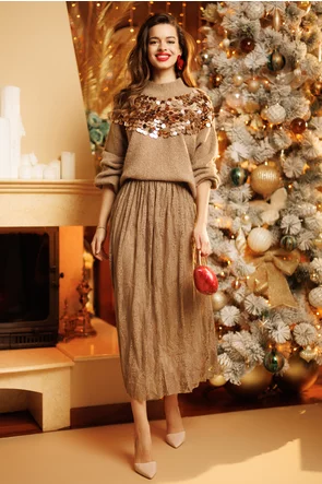 Fusta eleganta bej din dantela premium cu stralucire fina