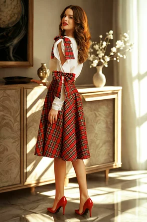 Fusta eleganta clos Fofy carouri pe fond rosu midi cu buzunare laterale