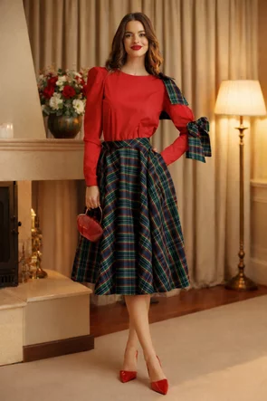 Fusta eleganta clos Fofy carouri pe fond verde midi cu buzunare laterale