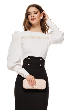 Fusta eleganta Fofy conica neagra cu talie inalta cu nasturi pretiosi perle in talie