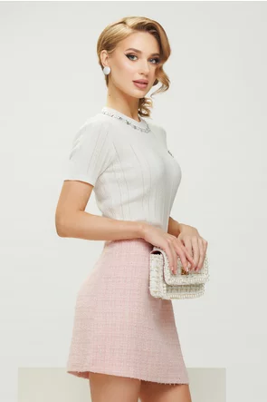 Fusta eleganta mini din tweed roz premium cu captuseala satinata