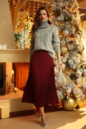 Fusta eleganta plisata bordo cu strasuri festive argintii