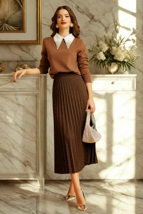 Fusta eleganta plisata maro cu strasuri festive argintii