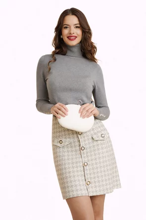 Fusta mini eleganta evazata crem cu fir de lurex argintiu  si nasturi metalici