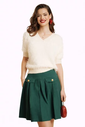 Fusta mini eleganta plisata verde cu nasturi metalici pe buzunare