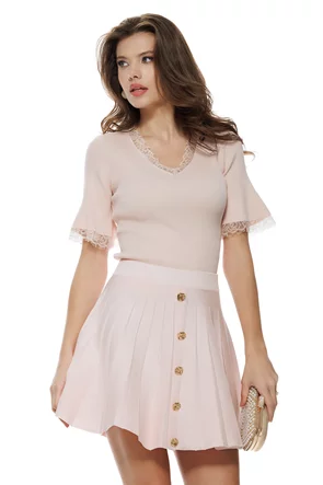 Fusta mini plisata din tricot premium roz cu nasturi metalici decorativi