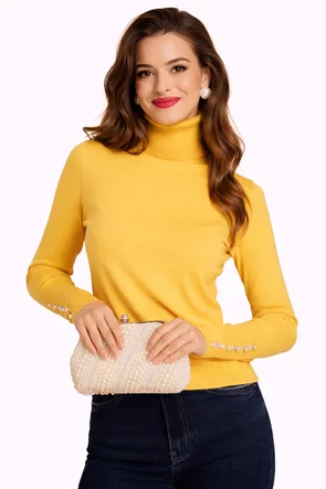 Helanca dama galben intens eleganta cu mansete late cu decupaje si aplicatii de perle