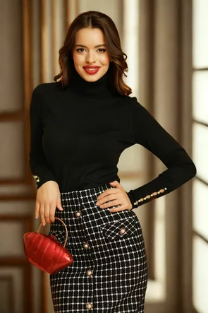 Helanca dama neagra eleganta cu mansete late cu decupaje si aplicatii de perle