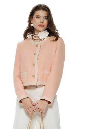 Jacheta dama din tweed premium roz cu buzunare conturuei dantelatesi nasturi metalici