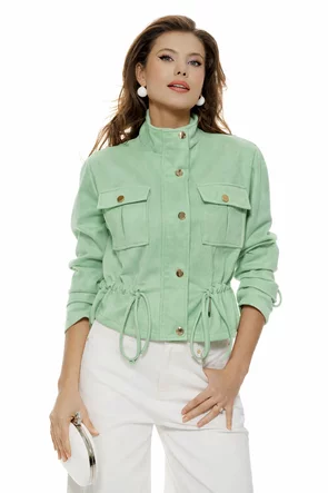 Jacheta dama verde menta din piele intoarsa eco cu buzunare si snur reglabil in talie