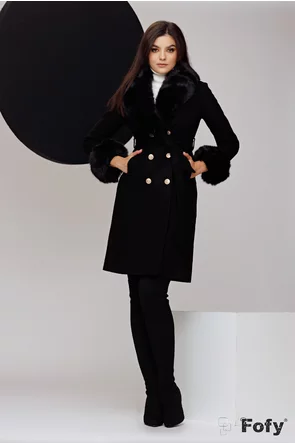 Palton dama elegant negru cu guler si mansete din blanita