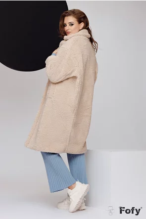 Palton dama teddy premium supersoft champagne oversize cu revere si gentuta inclusa