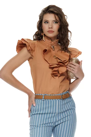 Pantalon dama casual din bumbac elastic albastru cu dungi si curea