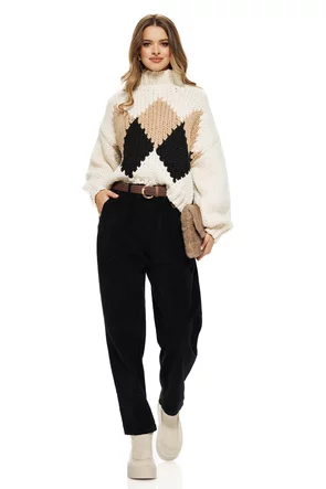 Pantalon dama conic cu talie inalta din raiat negru din bumbac cu dungi fine si curea