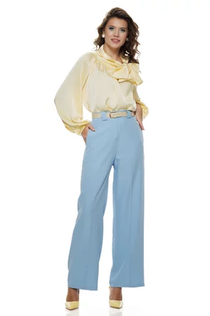 Pantalon dama elegant baby blue wide cu buzunare si curea