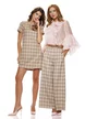 Pantalon dama elegant din stofa premium in carouri bej cu roz si curea