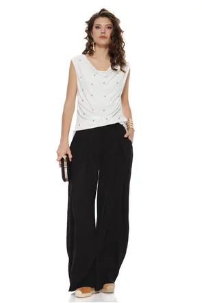 Pantalon dama negru wide cu pense ample din vascoza racoroasa