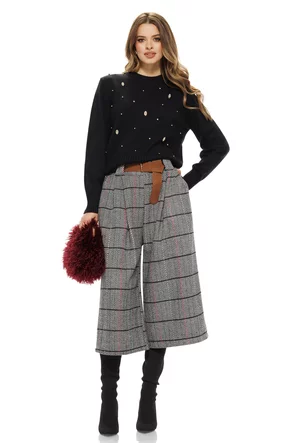 Pantalon dama treisferturi din stofa groasa premium in carouri si curea