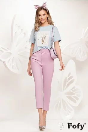 Pantaloni dama eleganti conici lila cu centura