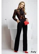 Pantaloni dama Fofy eleganti negri evazati cu talie inalta cu beteie si banda laterala din saten