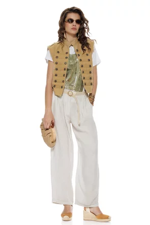 Pantaloni dama premium bej nature din in curea impletita