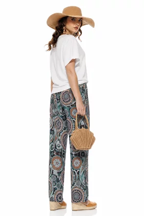 Pantaloni damă premium cu imprimeu bohemian, croi drept și talie lejeră