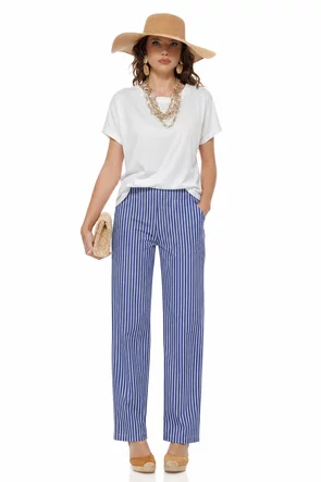 Pantaloni dama premium din bumbac, albaștri cu dungi albe