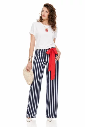 Pantaloni dama premium din satin, albaștri cu dungi albe