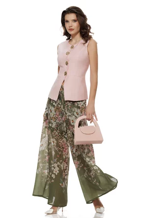 Pantaloni dama premium largi olive cu imprimeu floral din matase de tencel cu in