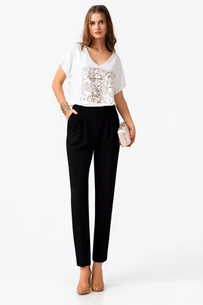 Pantaloni Fofy negri conici cu pense – eleganți, talie înaltă