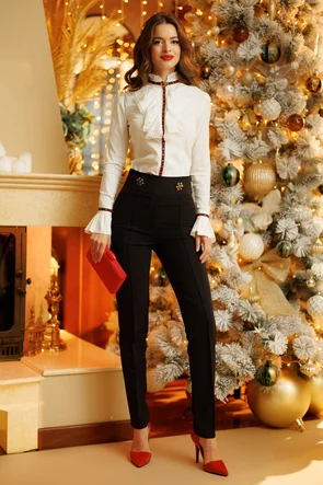 Pantaloni Fofy negri cu talie inalta usor elastici si betelie lata si nasturi  aurii